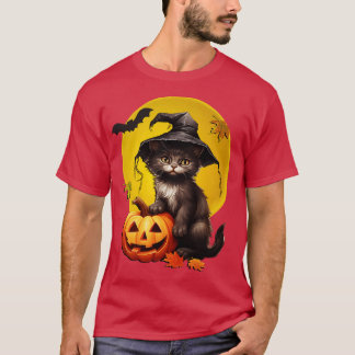 Camiseta Gato Negro No Dia das Bruxas De Chapéu De Bruxa Co
