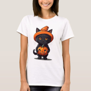 Camiseta Gato Negro no Halloween das Bruxas com Abóbora
