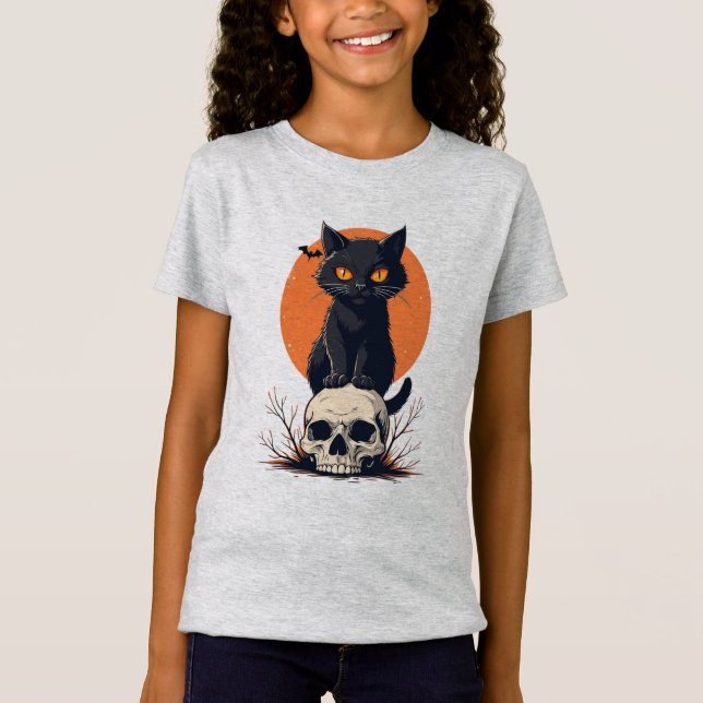 Camiseta Gato Negro no Halloween do Crânio (Frente)