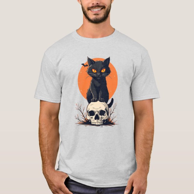 Camiseta Gato Negro no Halloween do Crânio (Frente)