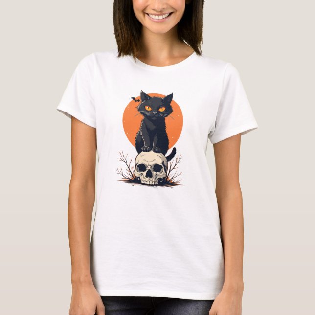 Camiseta Gato Negro no Halloween do Crânio (Frente)