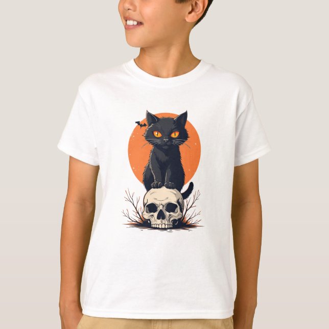 Camiseta Gato Negro no Halloween do Crânio (Frente)