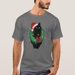 Camiseta Gato Negro No Natal Luz Papai Noel Engraçado Gato