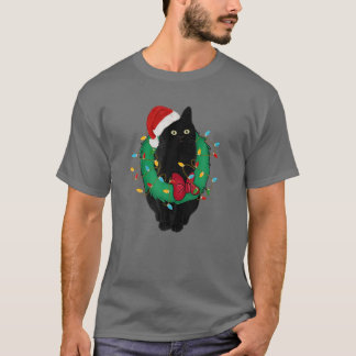 Camiseta Gato Negro No Natal Luz Papai Noel Engraçado Gato
