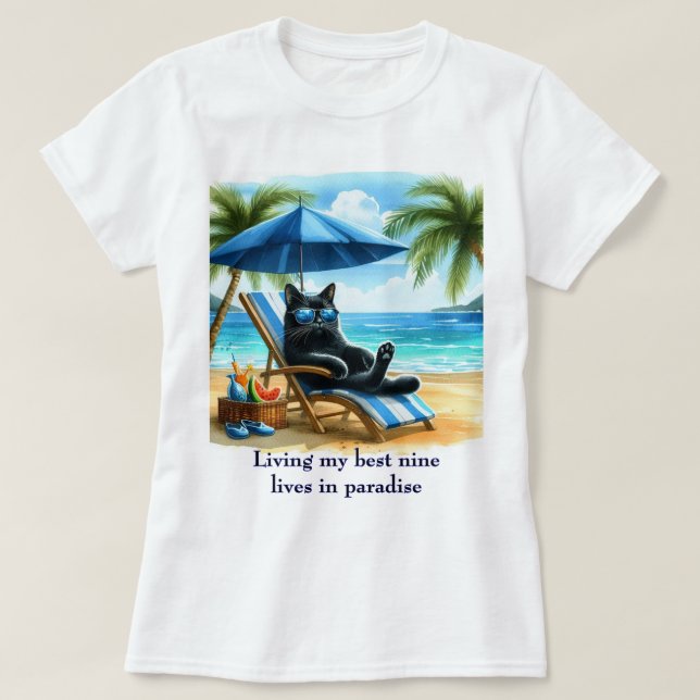 Camiseta Gato Negro no Paraíso na Praia (Frente do Design)