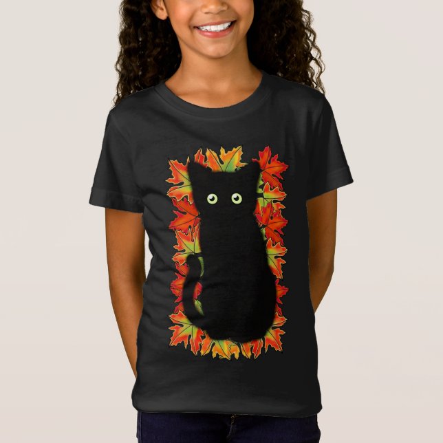 Camiseta Gato negro, padrão das folhas do outono, diversão  (Frente)
