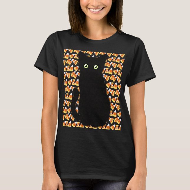 Camiseta Gato negro, padrão de milho doce, diversão de Hall (Frente)