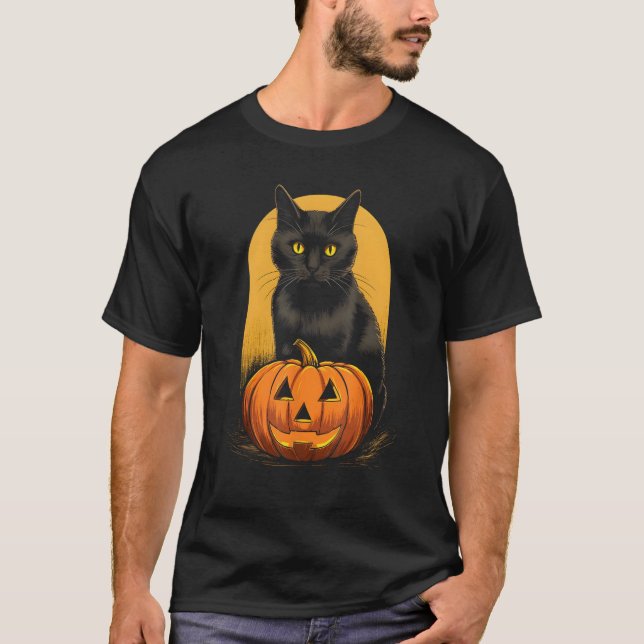 Camiseta Gato Negro Pumpkin Figurino De Halloween Para Mulh (Frente)