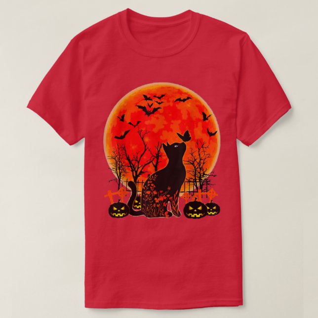 Camiseta Gato Negro Pumpkin Lua Halloween Borboleta (Frente do Design)