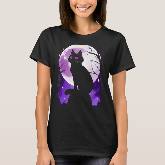 Camiseta Gato Negro Silhouette de Lua Cheia Simples Co (Frente)