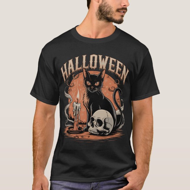 Camiseta Gato Negro Spooky com Caveira e Velas (Frente)