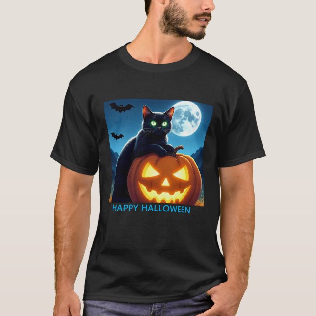 Camiseta Gato Negro Spooky em Homens de Pumpkin (Frente)