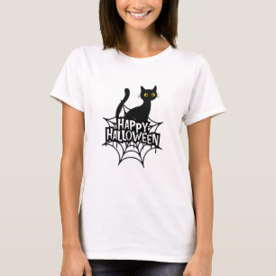 Camiseta Gato Negro Spooky em uma teia de aranha Feliz Dia