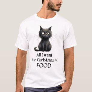 Camiseta Gato Negro Tudo o que quero no Natal é Comida
