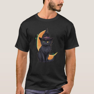 Camiseta Gato Negro Vestindo Chapéu de Bruxas de Halloween