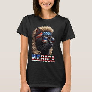 Camiseta Gato Negro Vestindo Loura Wig Mullet 4 De Julho Fu