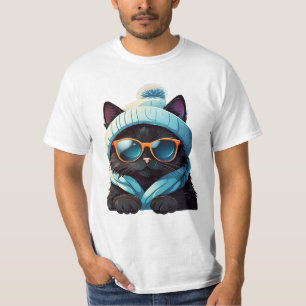 Camiseta gato negro vestindo óculos de sol e chapéu de inve