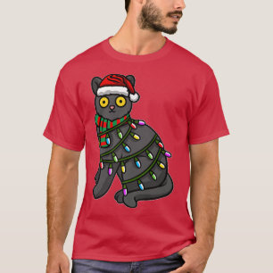 Camiseta Gato Negro Vestindo Papai Noel com luz de Natal A