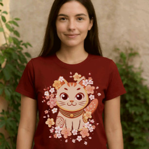 Camiseta Gato Neko Japonês Fofo com Flores de Cerejeira