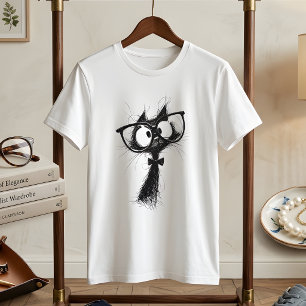 Camiseta Gato Nerd Adorável com Óculos e Gravata Borboleta 