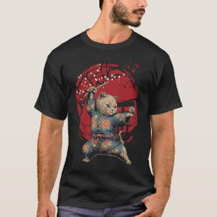 Camiseta Gato Ninja atrás da árvore de sakura japonesa e pô