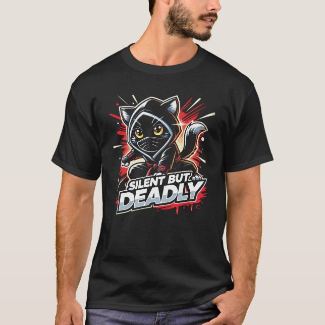 Camiseta Gato Ninja Engraçado, Engraçado, Silencioso Mas Mo (Frente)