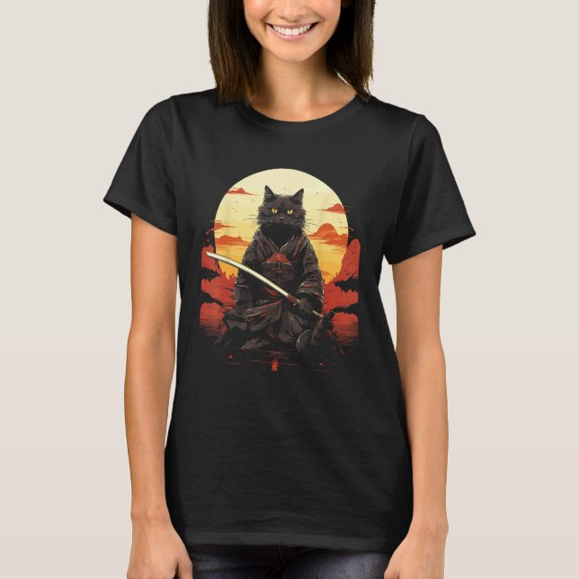 Camiseta Gato Ninja Samurai Espada Guerreiro Meow (Frente)