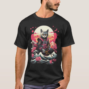 Camiseta Gato Ninja Samurai Japonês Gráfico de Tatuagem Ret