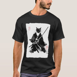 Camiseta Gato Ninja Samurai Pintura Japonesa a Tinta Sumi-e