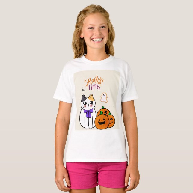 Camiseta Gato no Estilo de Halloween com Pumpkins e Fantasm (Frente Completa)