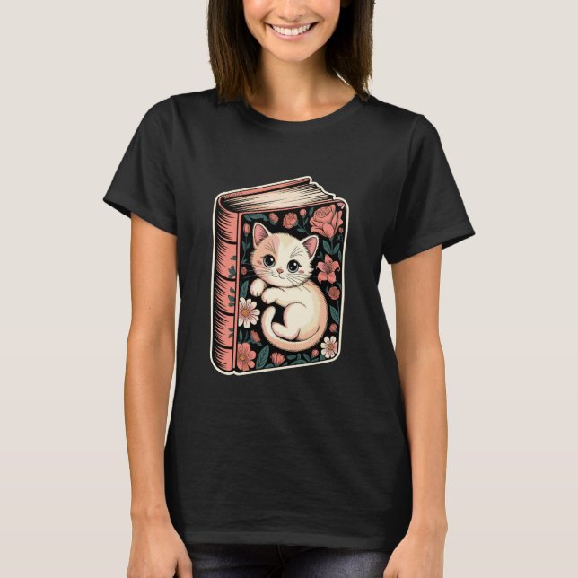 Camiseta Gato no Livro com Flores e Borboletas 1 (Frente)