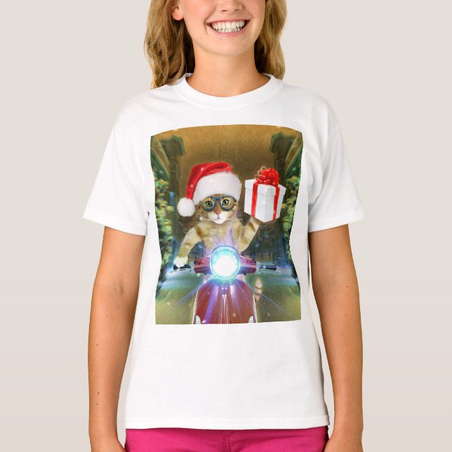 Camiseta Gato no Papai Noel que entrega presente de Natal (Frente)