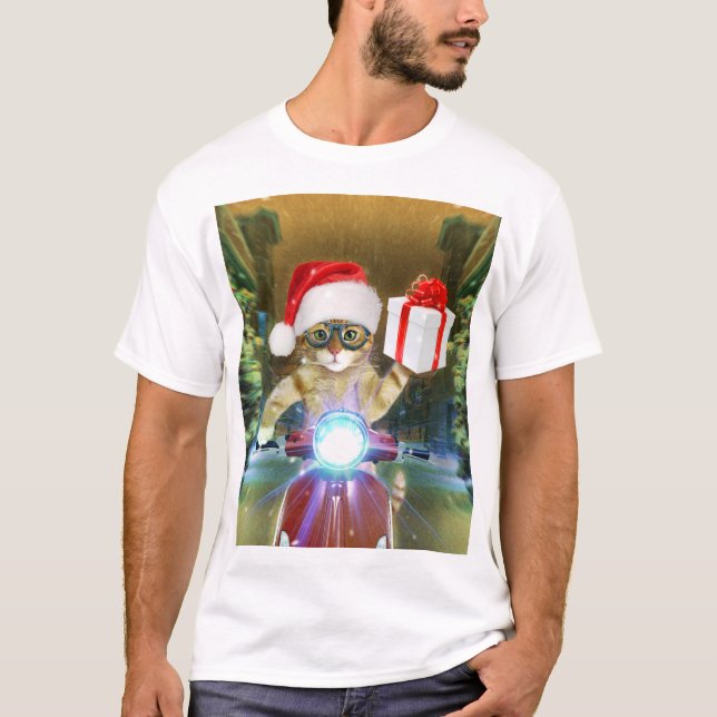 Camiseta Gato no Papai Noel que entrega presente de Natal (Frente)