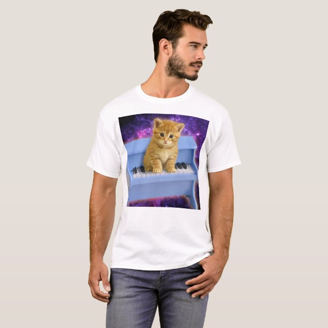 Camiseta Gato no piano azul (Frente Completa)