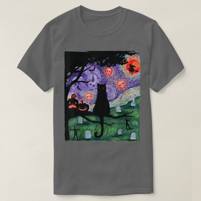 Camiseta Gato, Noite Assustadora, Van Gogh, Halloween (Frente do Design)