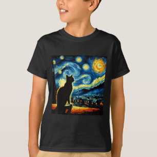 Camiseta Gato Noite Estrelada Van Gogh Gatinho Pintura Arte