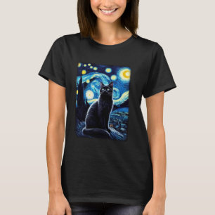 Camiseta Gato noite estrelada van gogh gato para presente d