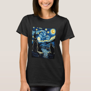 Camiseta Gato noite estrelada van gogh gato para presente d
