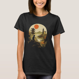 Camiseta Gato Noturno Tranquilo Preto e Templo da Pagode no
