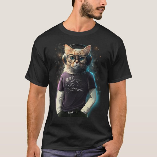 Camiseta Gato numa t-shirt, fones de ouvido e óculos (Frente)