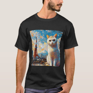 Camiseta Gato Observando a Torre de Tóquio Com o Monte Fuji