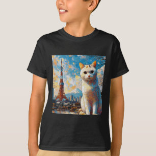 Camiseta Gato Observando a Torre de Tóquio Com o Monte Fuji