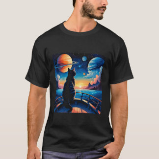 Camiseta Gato Observando as Estrelas na Água