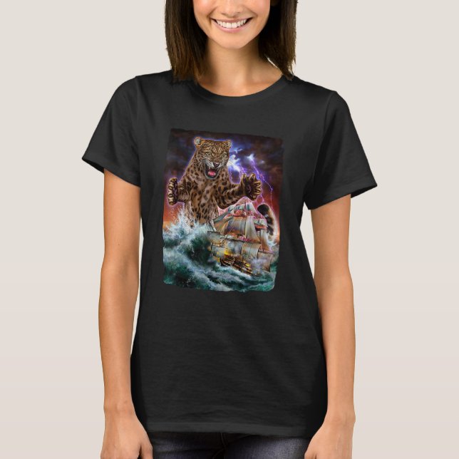Camiseta Gato onça-monstro como Kraken Ataca um Navio de Gu (Frente)