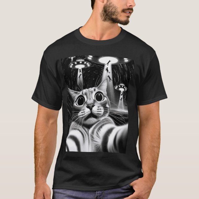 Camiseta Gato OVNI Invasão Engraçado Memória Gato RetroAlie (Frente)