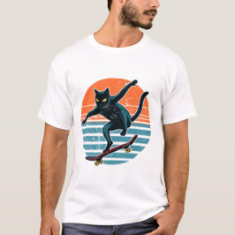 Camiseta Gato Patinador Engraçado Andando de Skate Retro Pô