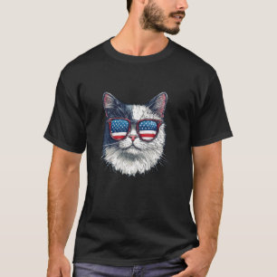 Camiseta Gato Patriótico Balançando Óculos de Sol Festa Amé