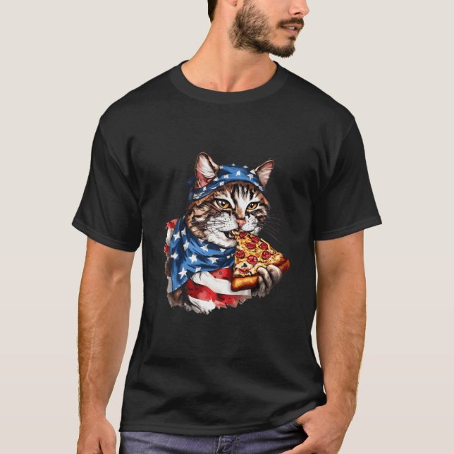 Camiseta Gato Patriótico Come Pizza 4 De Julho Bandeira Ame (Frente)