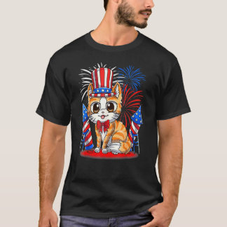 Camiseta Gato Patriótico do Dia 4 de Julho  Bandeira Americ