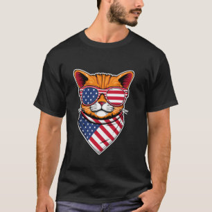 Camiseta Gato Patriótico Óculos de Sol Bandana Bandeira Ame